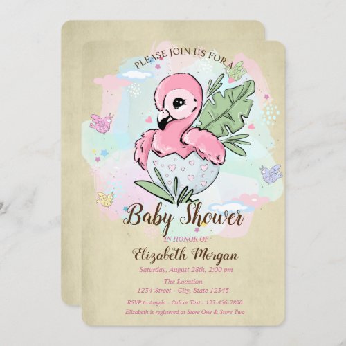 Cute Baby Pink Flamingo Butterflies Baby Shower  Invitation