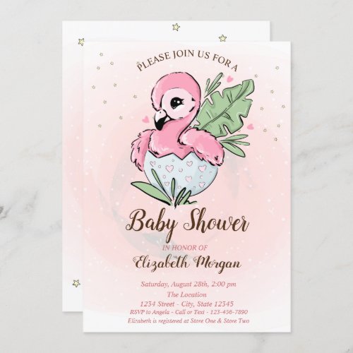 Cute Baby Pink Flamingo Stars Baby Shower  Invitation