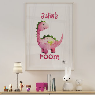 Cute Baby Pink & Green Dinosaur Nursery Poster