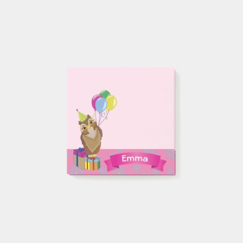 Cute Baby Pink Owl Girl With Balloons 1st Birthday Post_it Notes