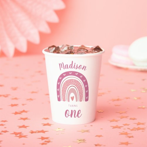 Cute Baby Pink Rainbow Boho First Birthday Paper Cups