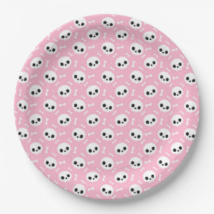 Cute Baby Pink Skull & Bones Halloween Pattern Paper Plates