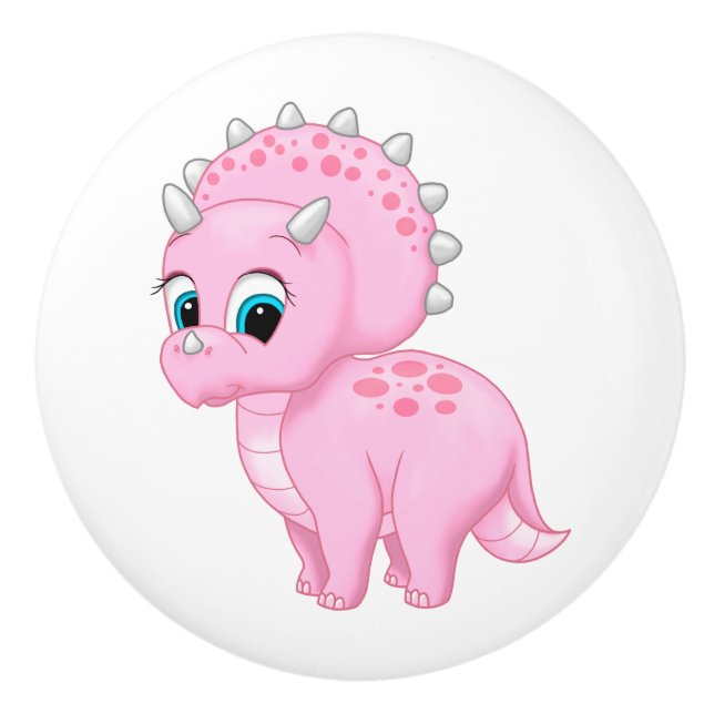 Cute Baby Pink Triceratops Dinosaur Ceramic Knob (Front)