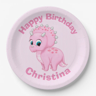 Cute Baby Pink Triceratops Dinosaur Paper Plates