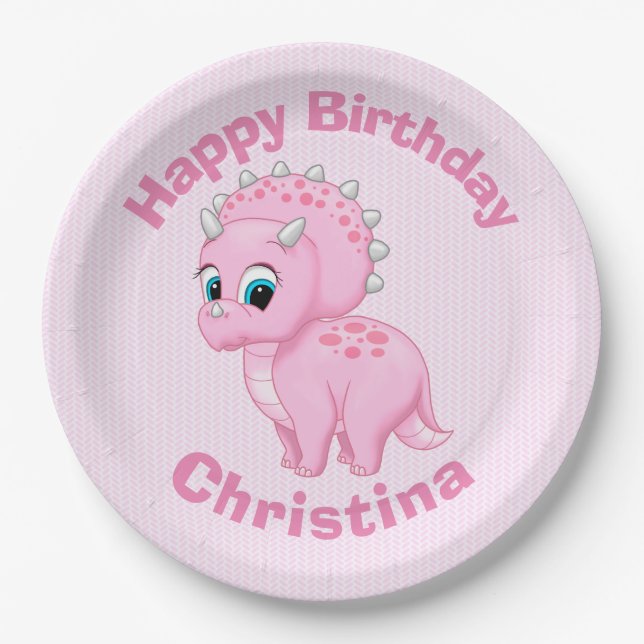 Cute Baby Pink Triceratops Dinosaur Paper Plates (Front)
