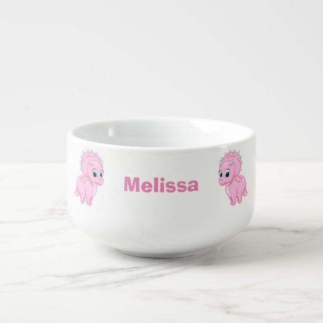 Cute Baby Pink Triceratops Dinosaur Soup Mug (Front)