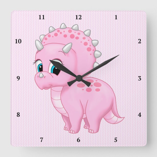Cute Baby Pink Triceratops Dinosaur Square Wall Clock (Front)