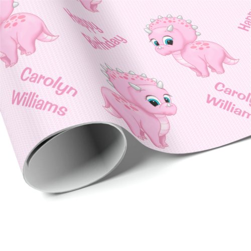 Cute Baby Pink Triceratops Dinosaur Wrapping Paper