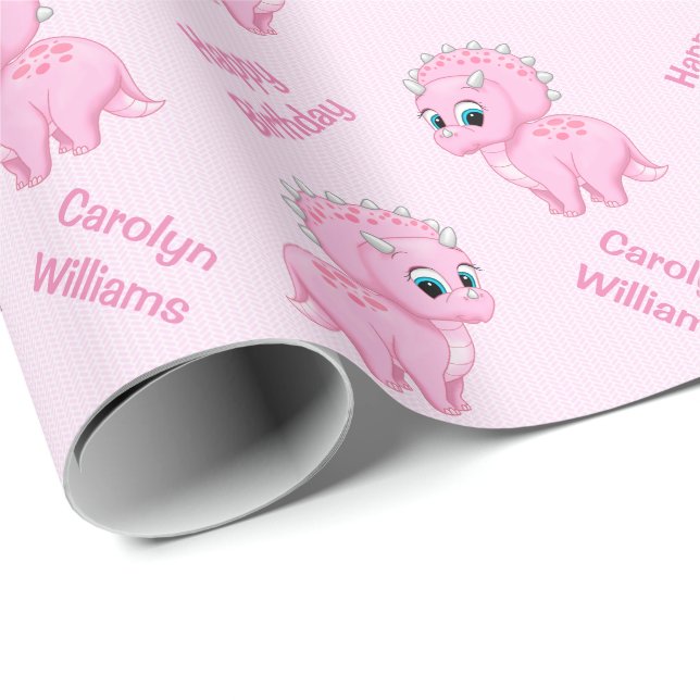 Cute Baby Pink Triceratops Dinosaur Wrapping Paper (Roll Corner)