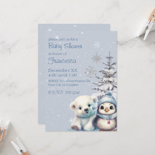 Cute Baby Polar Bear and Penguin North Pole Winter Invitation