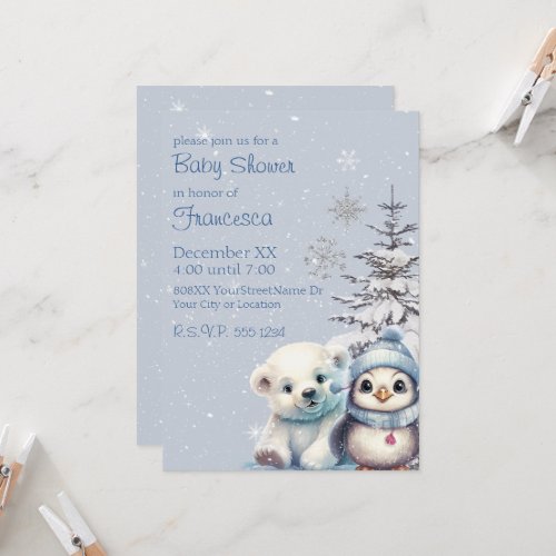 Cute Baby Polar Bear and Penguin North Pole Winter Invitation