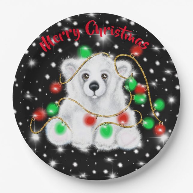 Cute baby polar bear christmas lights starry night paper plates (Front)