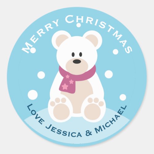 Cute Baby Polar Bear Merry Christmas Custom Classic Round Sticker