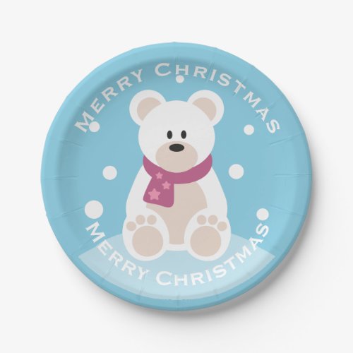 Cute Baby Polar Bear Merry Christmas Party Paper Plates