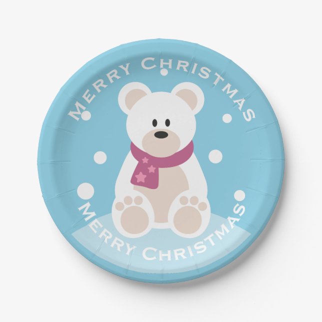 Cute Baby Polar Bear Merry Christmas Party Paper Plates (Front)