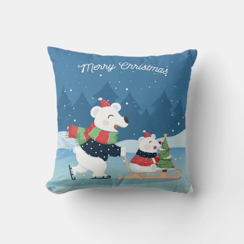 Cute Baby Polar Bear on Sledge with Christmas Tree Throw Pillow