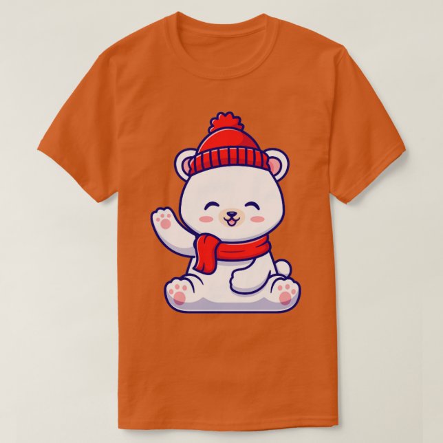 Cute Baby Polar Bear Winter Wearing Scarf Waving H T-Shirt (Design Front)
