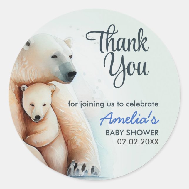 Cute Baby Polar Bear With Mother | Baby Shower Cla Classic Round Sticker (Front)
