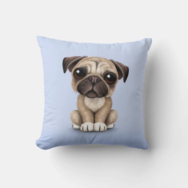 Cute Baby Pug Puppy Dog on Light Blue Throw Pillow (Front)