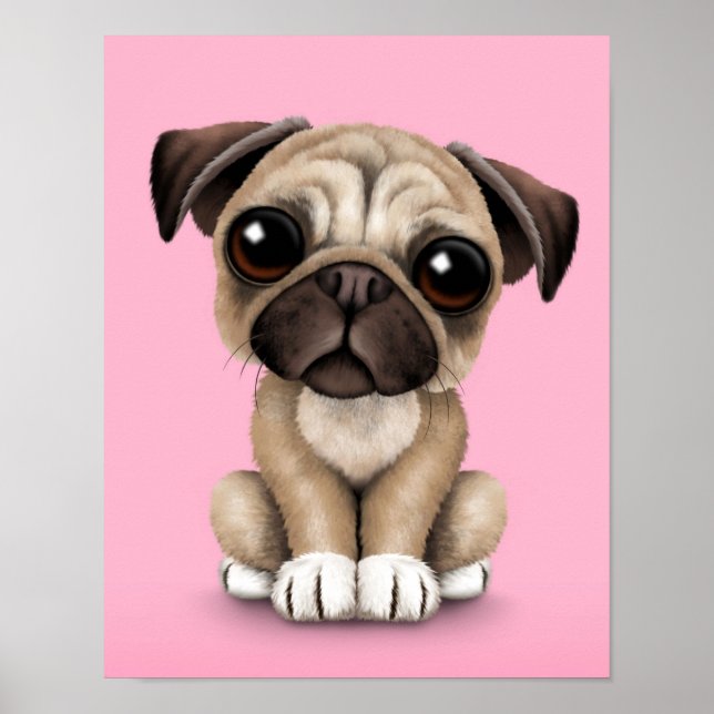 Cute Baby Pug Puppy Dog on Pink Poster (Front)
