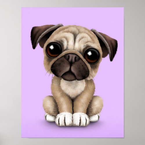 Cute Baby Pug Puppy Dog on Purple Poster