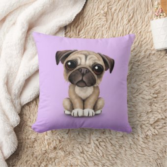 Cute Baby Pug Puppy Dog on Purple Throw Pillow | Zazzle