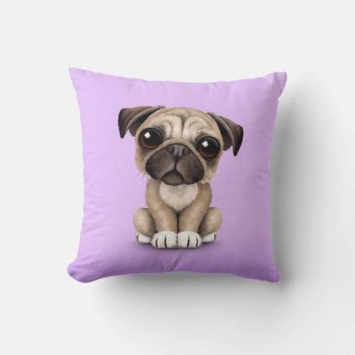 Cute Baby Pug Puppy Dog on Purple Throw Pillow