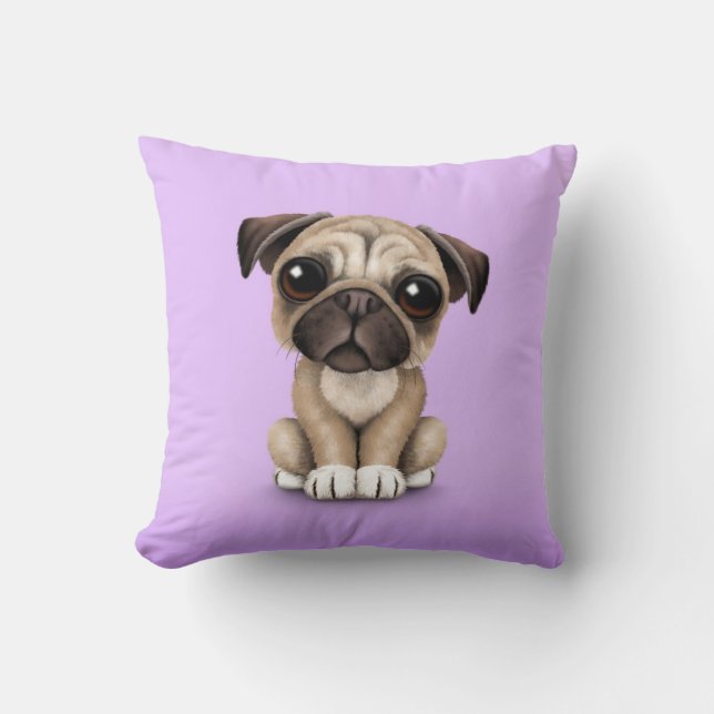 Cute Baby Pug Puppy Dog on Purple Throw Pillow (Front)