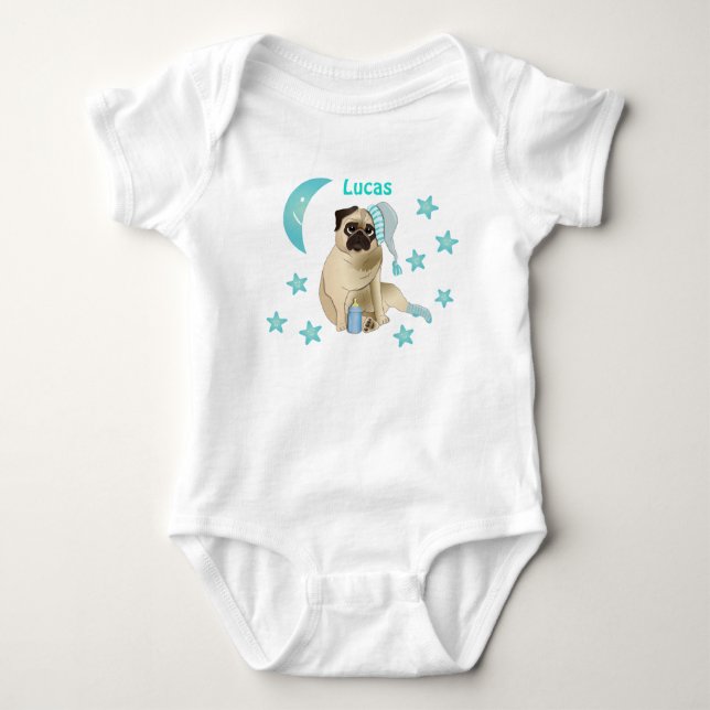 Cute Baby Pug Watercolor Soft Blue Stars Bodysuit (Front)