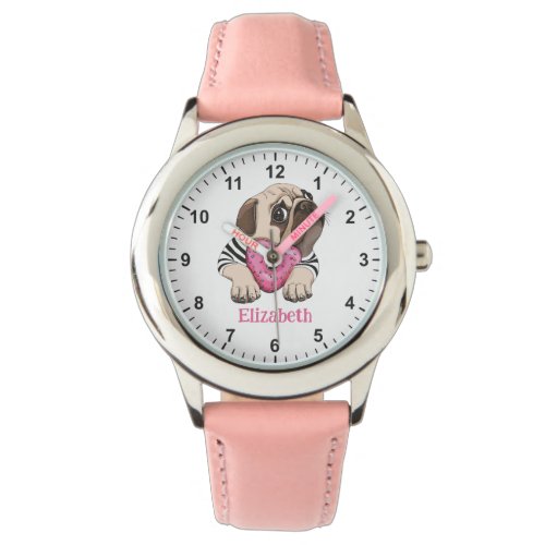 Cute Baby Pug with Pink Heart Donut Girls First W Watch