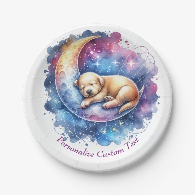Cute Baby Puppy Sleeping on the Moon Paper Plates (Front)