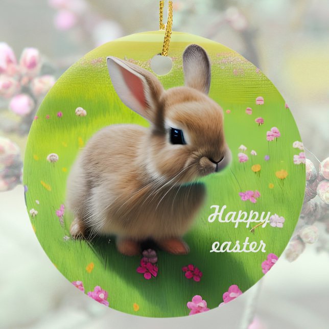 Cute baby rabbit in a flower meadow    ceramic ornament (Creator Uploaded)