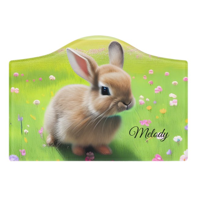 Cute baby rabbit in a flower meadow    door sign (Small Crest Front)