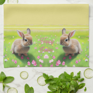 Cute baby rabbit in a flower meadow, easter kitchen towel