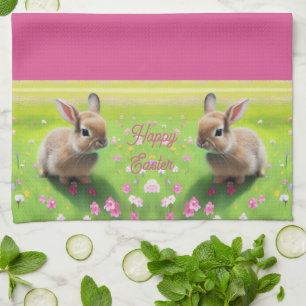 Cute baby rabbit in a flower meadow, easter kitchen towel
