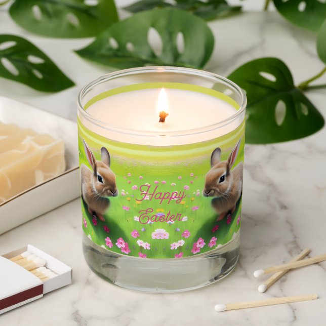 Cute baby rabbit in a flower meadow, easter    scented candle (Lit)