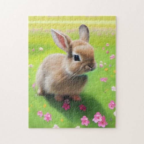 Cute baby rabbit in a flower meadow  jigsaw puzzle