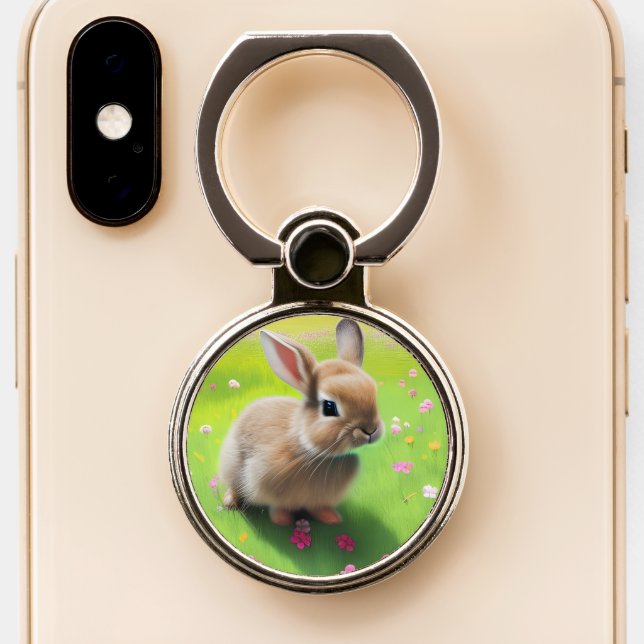Cute baby rabbit in a flower meadow phone ring stand (Close Up)