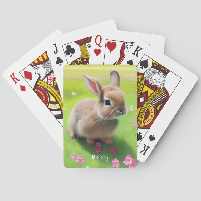 Cute baby rabbit in a flower meadow poker cards (Back)