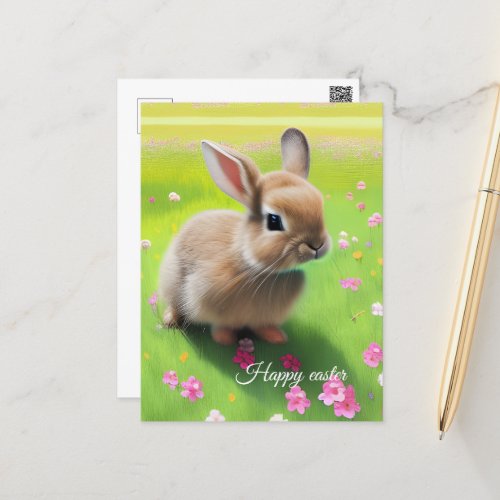 Cute baby rabbit in a flower meadow postcard