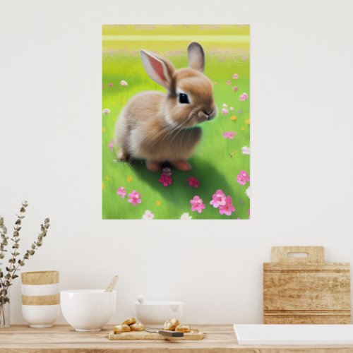 Cute baby rabbit in a flower meadow  poster