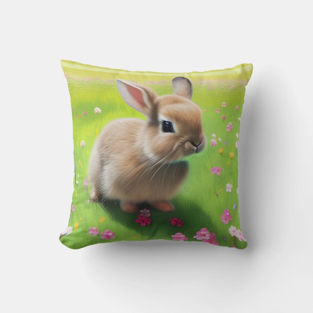 Cute baby rabbit in a flower meadow throw pillow (Front)
