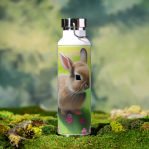 Cute baby rabbit in a flower meadow  water bottle