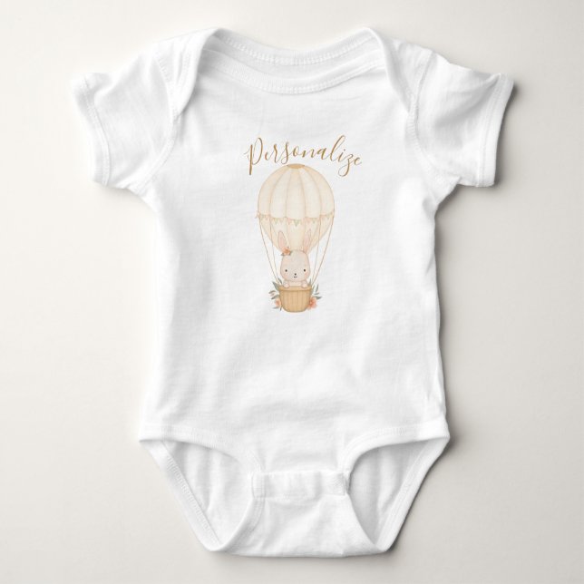 Cute Baby Rabbit in Air Balloon Pink Personalized Baby Bodysuit (Front)