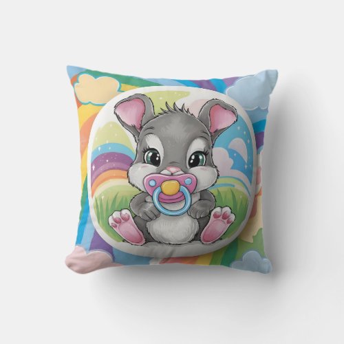 Cute baby rabbit with a pacifier _ Birth Stats  Throw Pillow