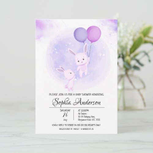 Cute Baby Rabbits with Balloons Girls Baby Shower Invitation