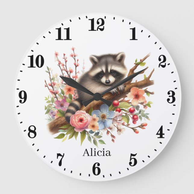Cute baby raccoon add name girls nursery large clock (Front)