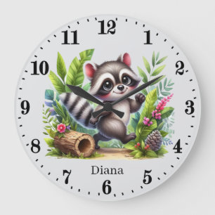 Cute baby raccoon add name girls nursery large clock