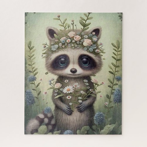 Cute Baby Raccoon Flowers Painting  Jigsaw Puzzle