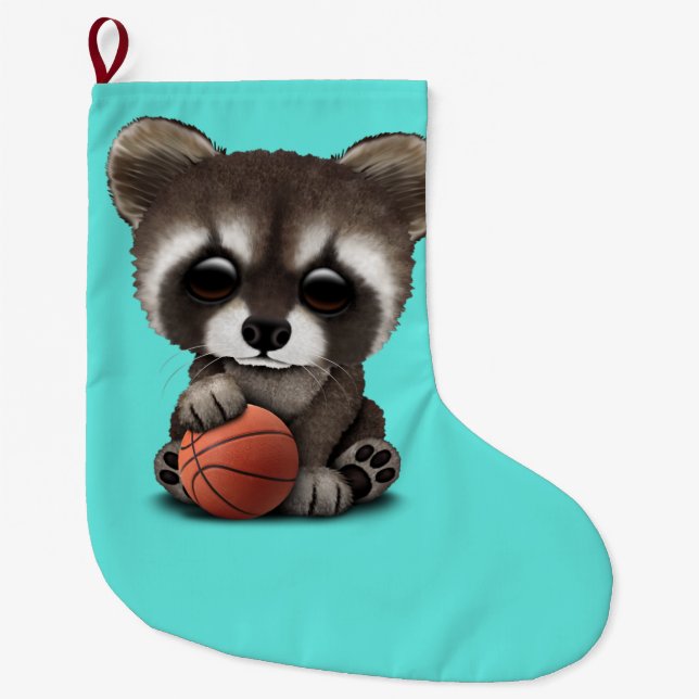 Cute Baby Raccoon Playing With Basketball Large Christmas Stocking (Front)